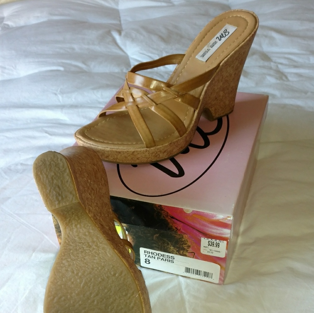 SM New York “Rhodess” Tan/Cork Wedge Sandals